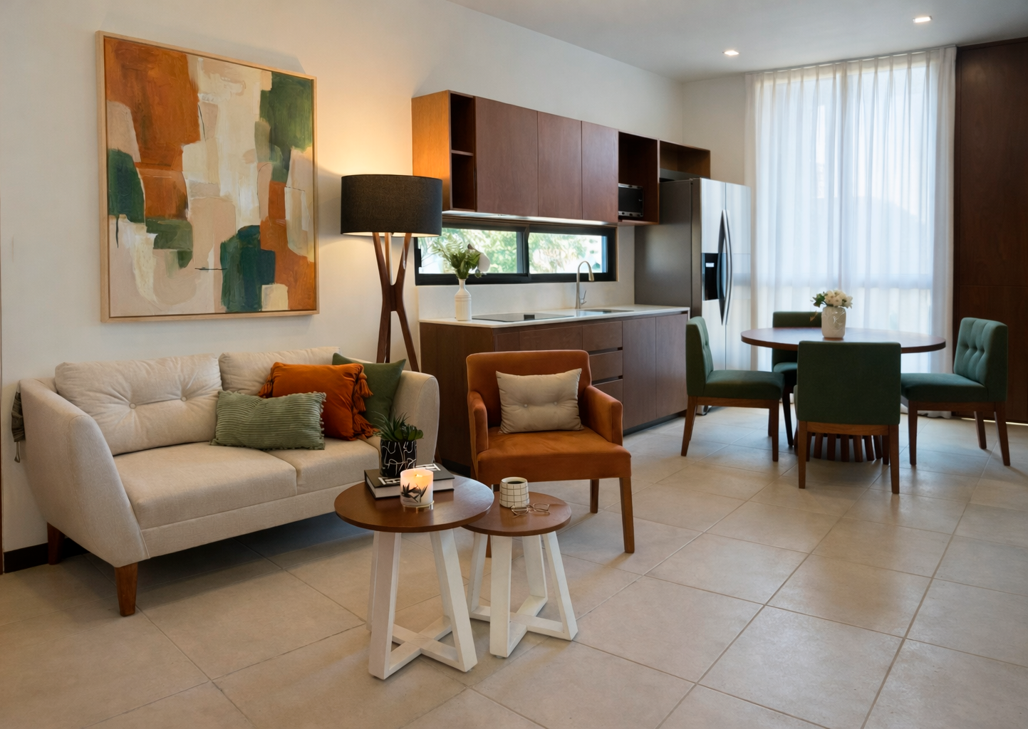 Salón moderno y acogedor con cocina integrada 02